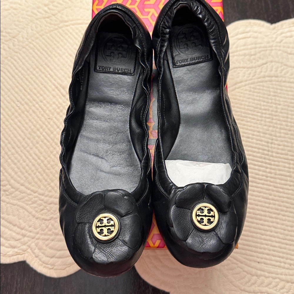 Tory Burch Black Floral Flats w/Gold Logo